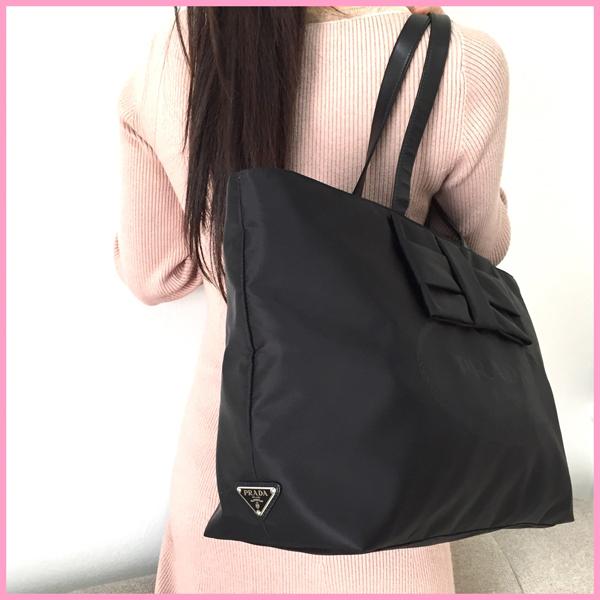 プラダスーパーコピーおリボンナイロン＋レザー/トートバック/NERO IBG028