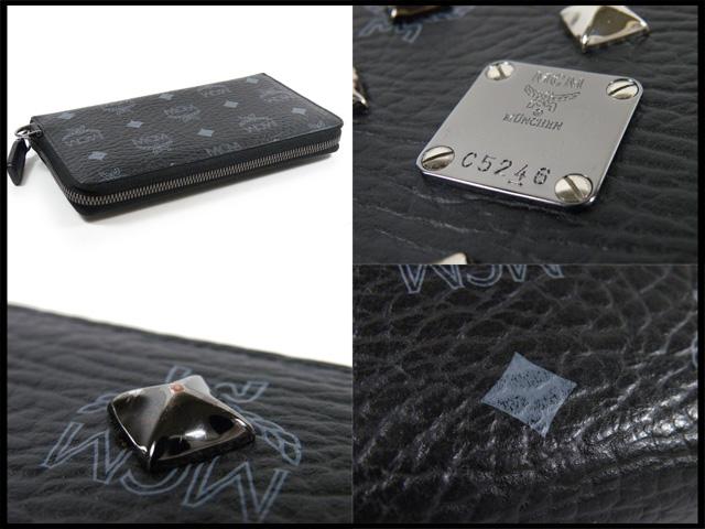 MCM コピー エムシーエム レザー ラウンドファスナー長財布 黒 スタッズ