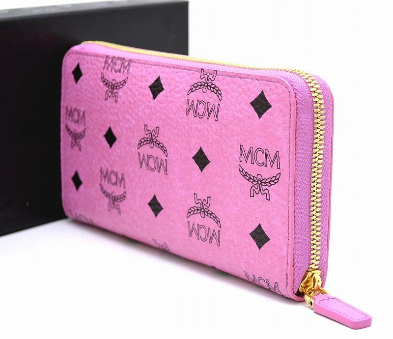 MCM コピー エムシーエム ロゴグラム ラウンドファスナー 長財布 ピンク スタッズ ビジュー4AVI01-3