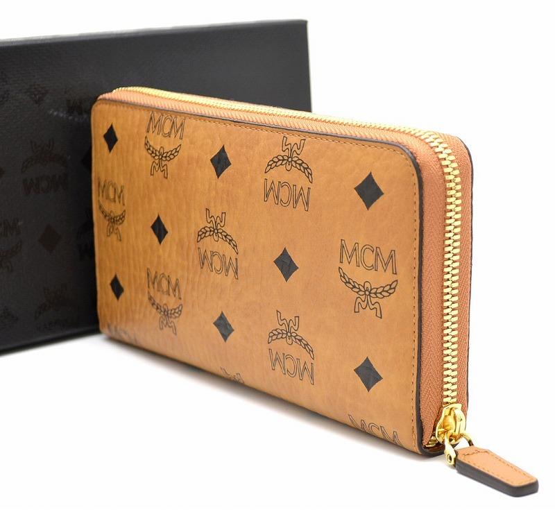 MCM コピー エムシーエム ロゴグラム ラウンドファスナー 長財布 コニャック キャメル スタッズ ビジュー4AVI01